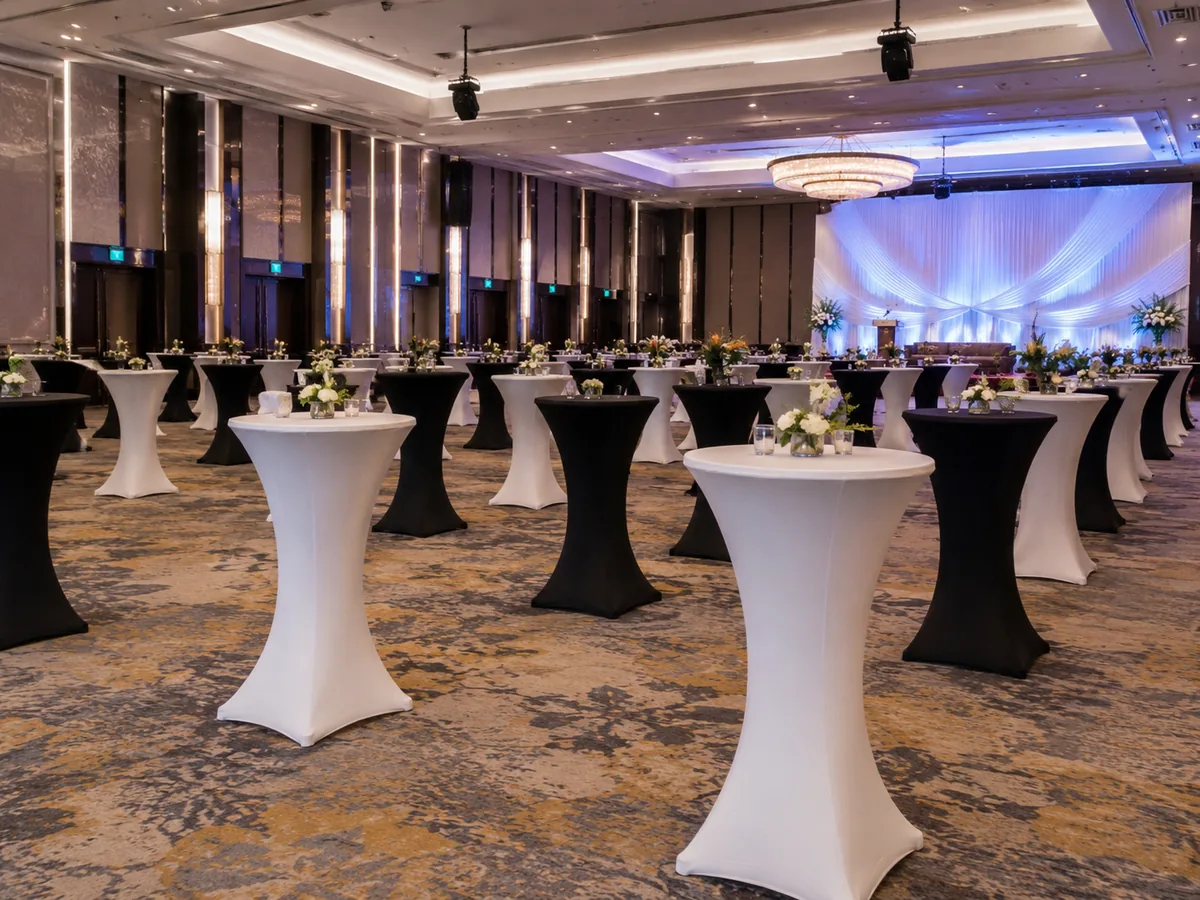 Black and white covered bar tables arranged in a ballroom reception setup