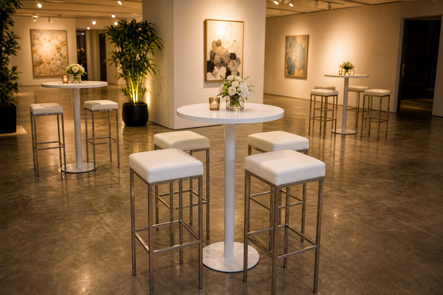 White high cocktail table with padded bar stools in a warm gallery reception setup