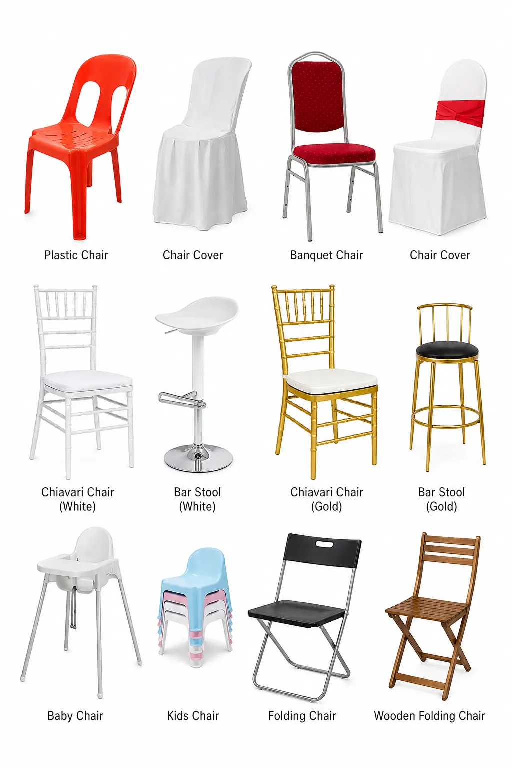 Event chair types including plastic chair, chair cover, banquet chair, Chiavari chair, bar stool, kids chair and folding chair