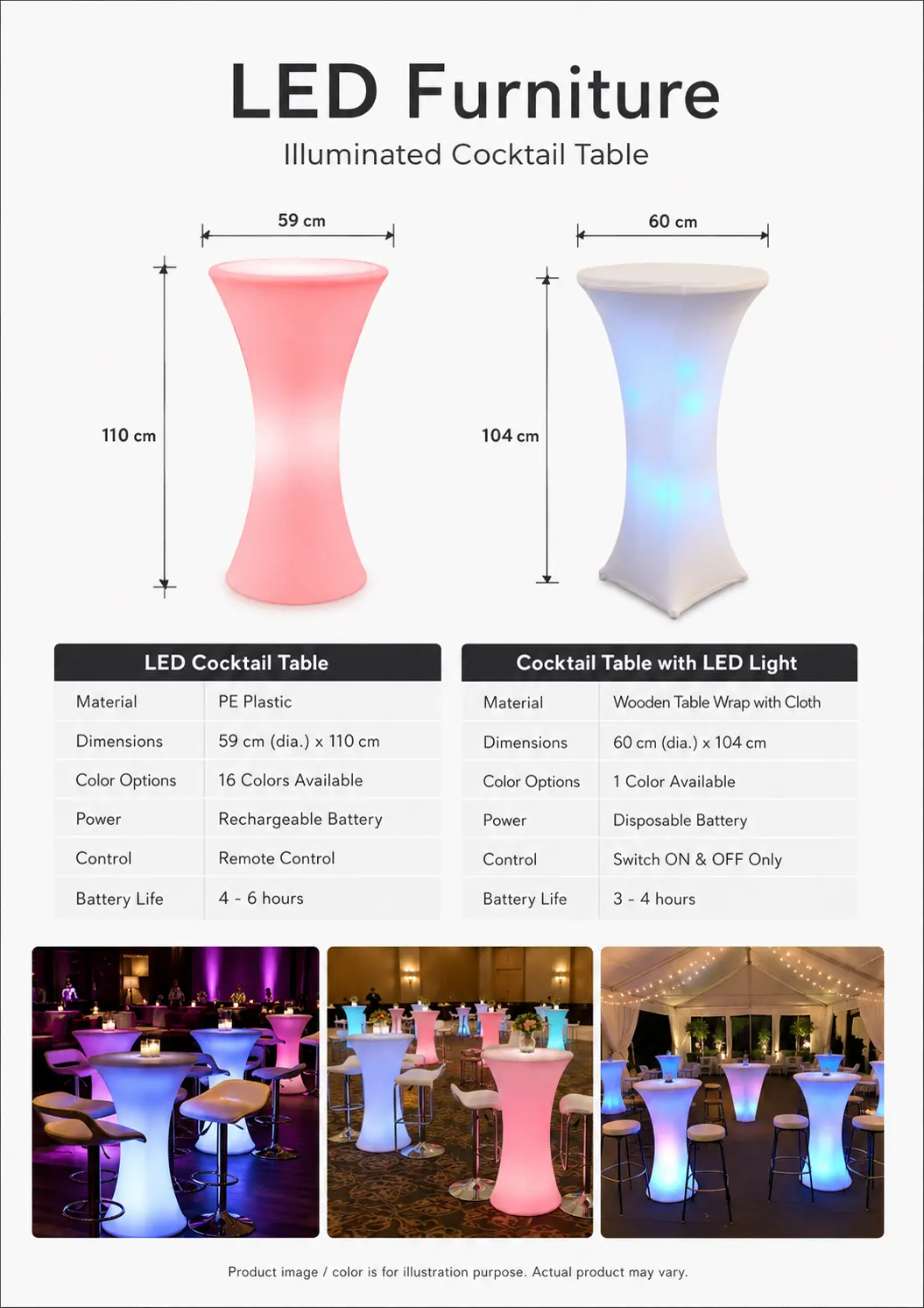 LED illuminated cocktail table rental options with colour changing standing tables