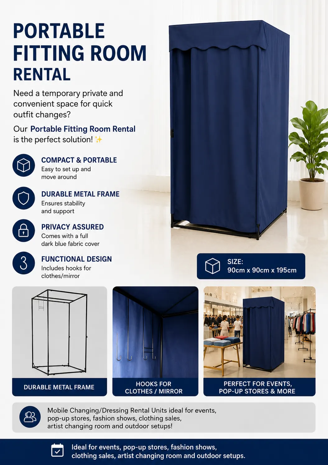 Portable fitting room rental with dark blue fabric cover and metal frame