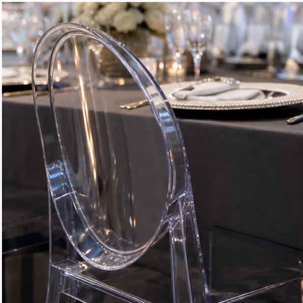 Acrylic Ghost Chair Rental close-up detail for Malaysia event furniture rental