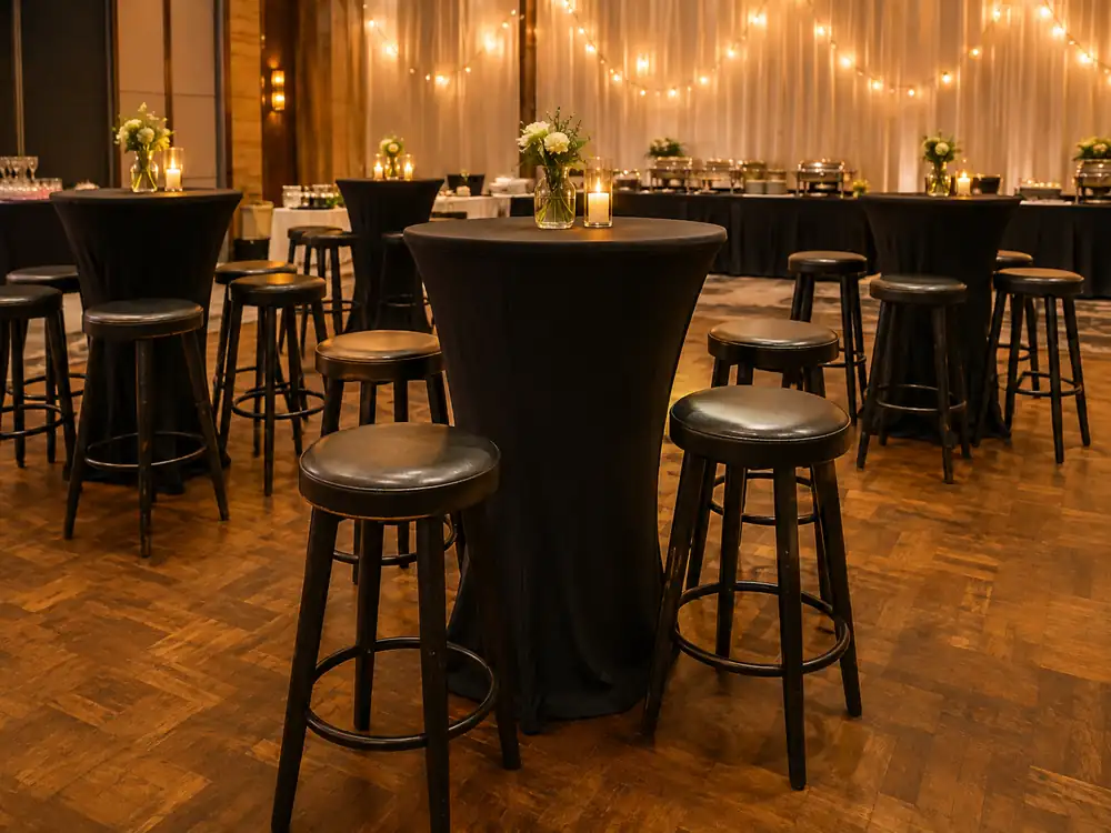 Round black bar stools beside black cocktail tables for a warm reception setup